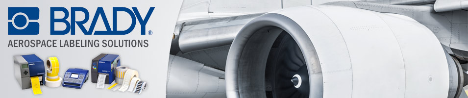 The left third of the header image contains the Brady logo on a gradient gray background with aerospace labeling solutions text and product photos beneath. The right two-thirds of the header image contains a close up photo of an aircraft engine.